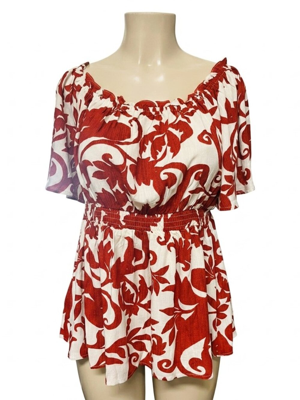 Red and White Floral Off-Shoulder Peplum Top
